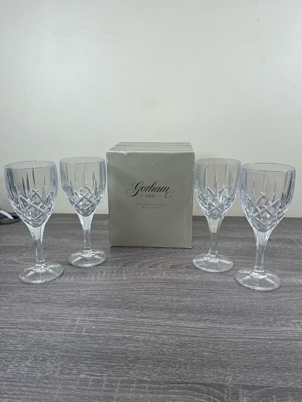 Gorham Crystal Lady Anne Wine Glasses Set of 4 Clear Cut Glass Stemware With Box